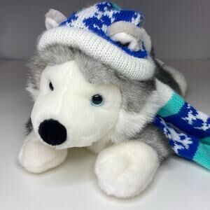 Aurora Flopsie Husky Wolf Plush 12” Blue Winter Hat Scarf Snowflake Vintage